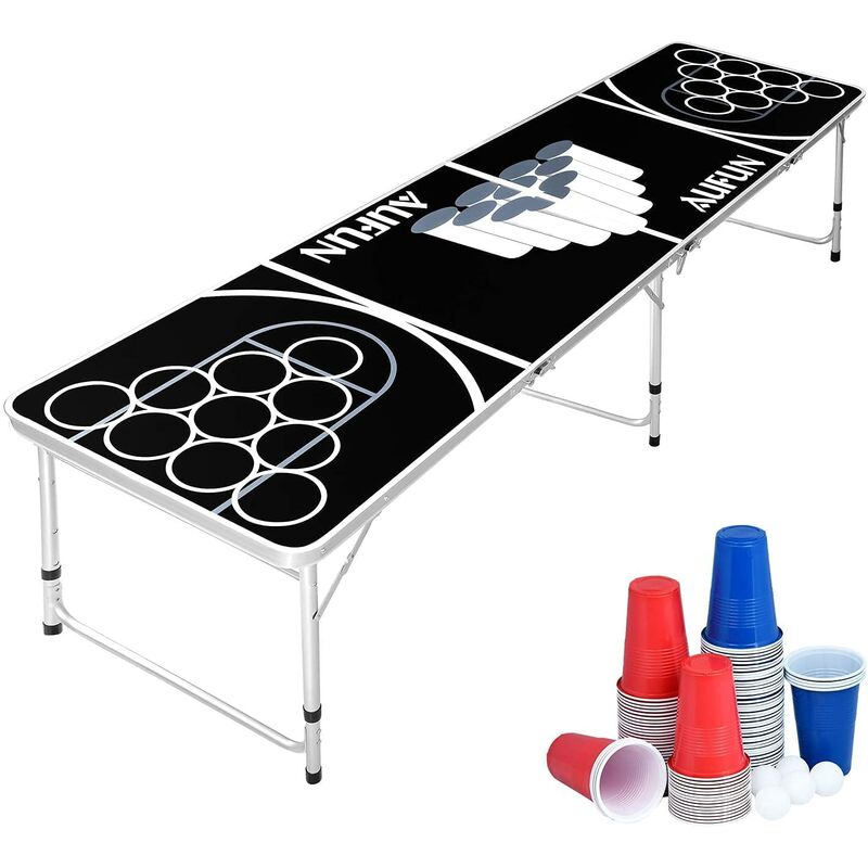 Beer Pong Tisch Set Klappbarer inkl.100 Becher (50 Rot & 50 Blau), 5 Baelle, Bierpong-Tisch Hoehenverstellbar aus Wurfspiele fuer Partyspiele