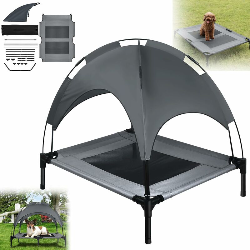 Chaise longue pour chien avec toit, lit surélevé pour chien, respirant, tissu taffetas, lit extérieur pour chien de taille moyenne et grande pour