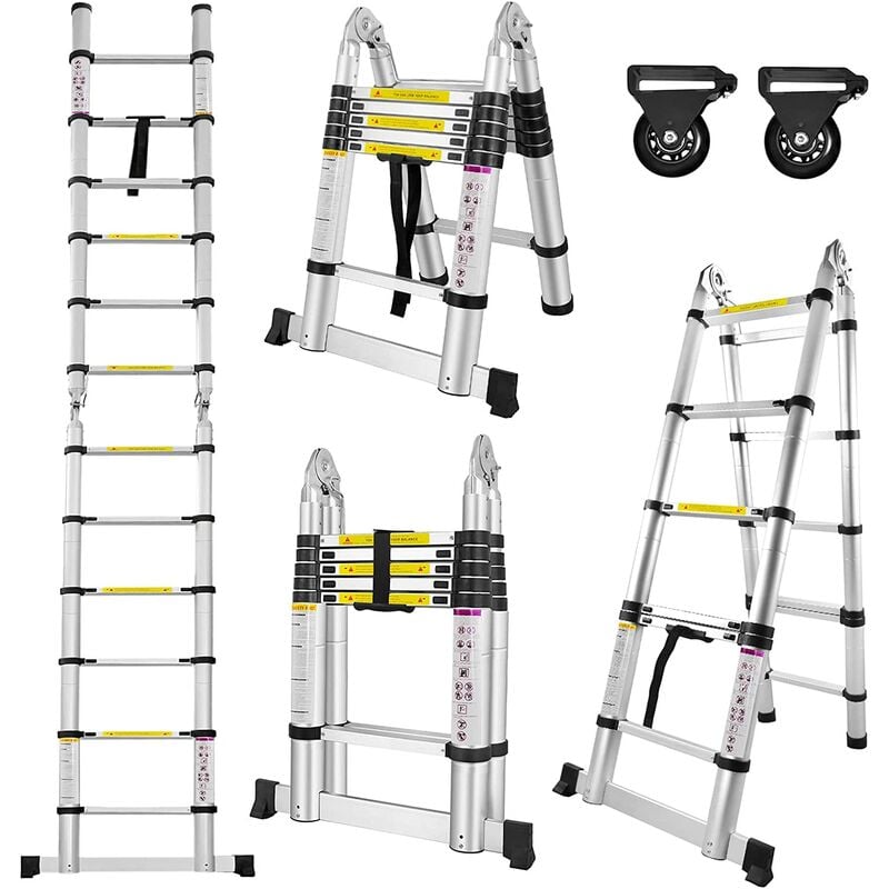 Chelle Télescopique Pliable 3,8M, Escabeau Télescopique en Alluminium Extensible Multifonction 1,9M+1,9M, Charge Max 150 kg - Uisebrt