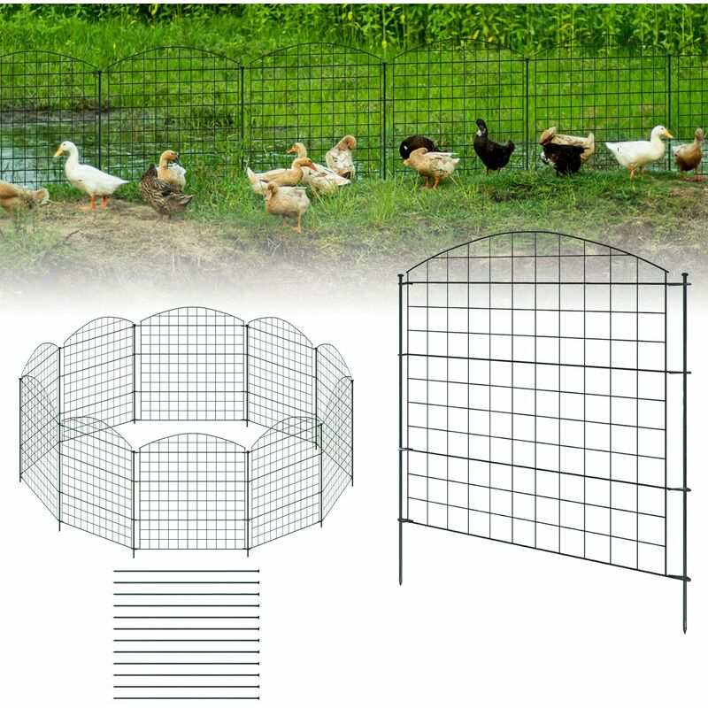Clôture de bassin, clôture de jardin, en métal, lot de 10 éléments de clôture, 12 tiges de fixation, ensemble de clôture décorative en maille pour