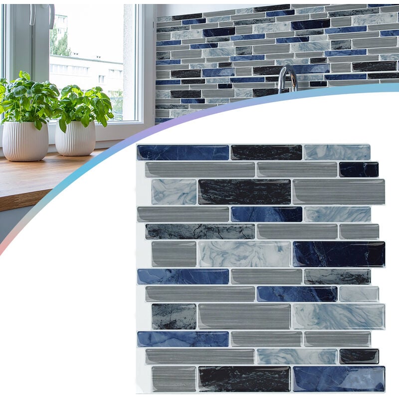Lot de 10 feuilles autocollantes 3D pour carrelage de salle de bain, cuisine - étanche - 30 x 30 cm - Type b - Marbre bleu - Uisebrt