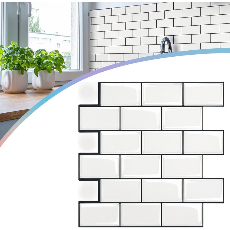 Lot de 10 feuilles autocollantes 3D pour carrelage de salle de bain, cuisine - étanche - 30 x 30 cm - Type e - Blanc brillant - Uisebrt