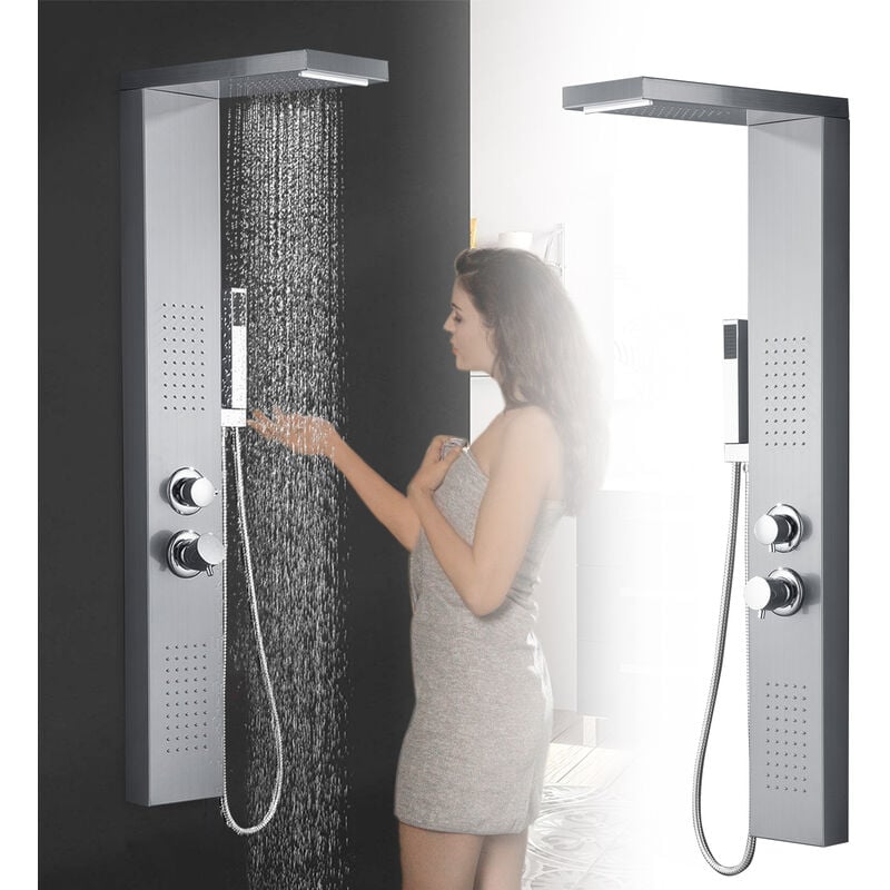 Panneau de douche Douche de pluie - 4 en 1 Ensemble de douche de pluie en acier inoxydable 304 brossé avec douchette à main, douche de pluie, douche