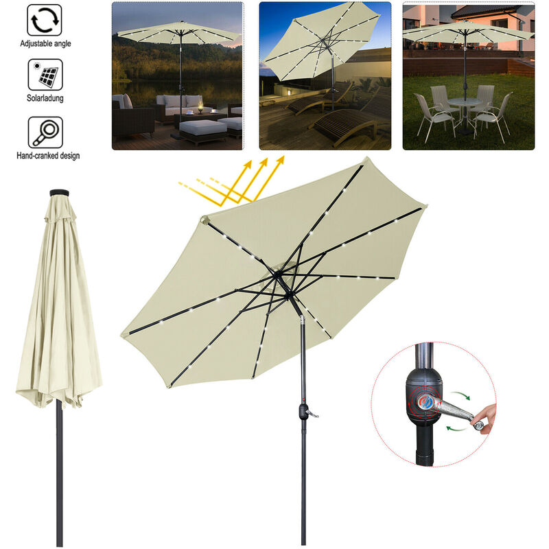 Parasol de Jardin Extérieur avec éclairage Solaire led, Parasol Inclinable avec Manivelle 300cm Protection uv pour Jardin, Balcon, Terrasse, Beige