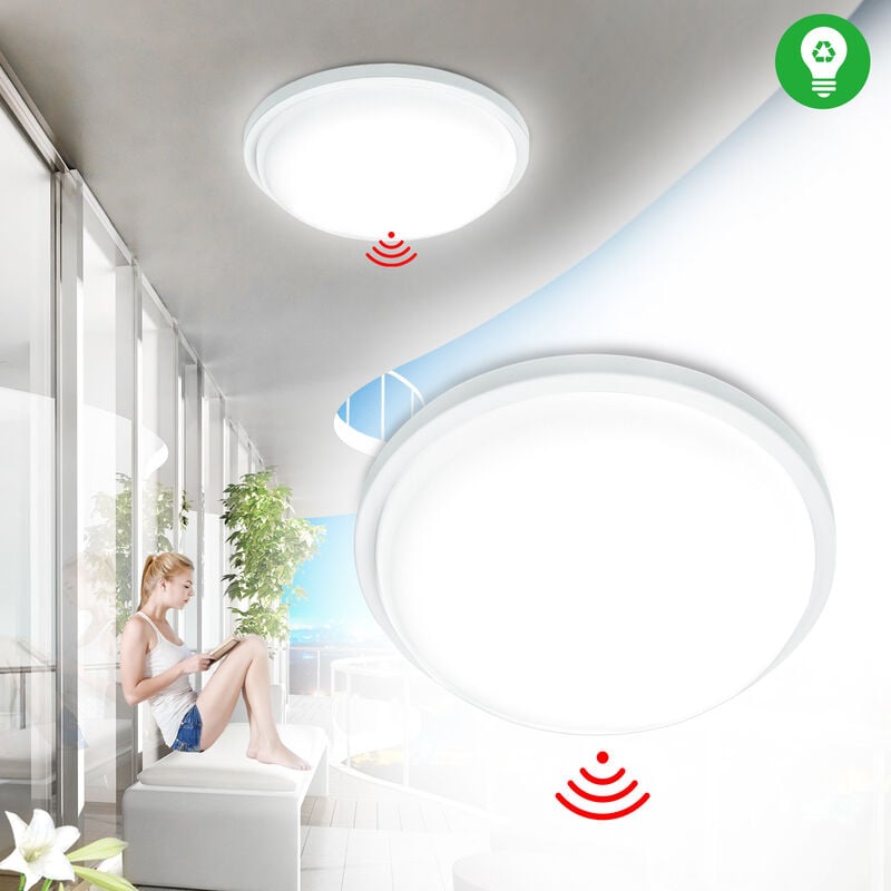 Plafonnier led 15 w avec détecteur de mouvement – Plafonnier rond moderne IP44 étanche pour salon, chambre à coucher, cuisine, blanc froid (avec