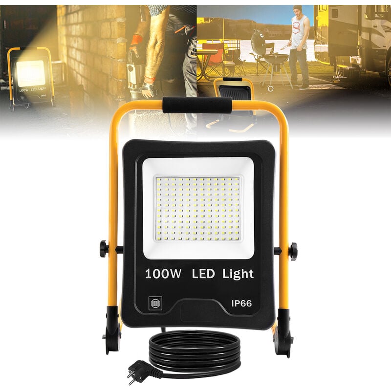 Projecteur de chantier led 100 w blanc chaud avec support et câble d'alimentation – Projecteur de travail led étanche IP66 pour l'intérieur et