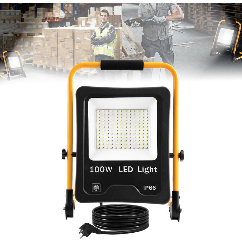 Projecteur de chantier led 100 w blanc froid avec support et câble d'alimentation – Projecteur de travail led étanche IP66 pour l'intérieur et