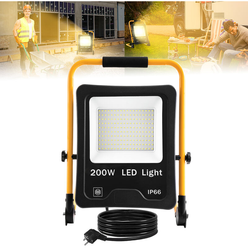 Projecteur de chantier led 200 w blanc chaud avec support et câble d'alimentation – Projecteur led étanche IP66 pour l'intérieur et l'extérieur –
