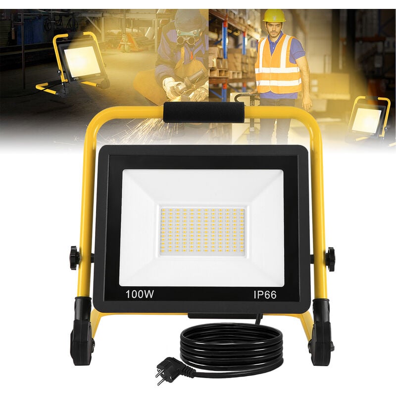 Projecteur led 100W Blanc Chaud Eclairage Extérieur led avec cordon d'alimentation Lumières d'inondation étanche IP66 pour garage, jardin, chantier