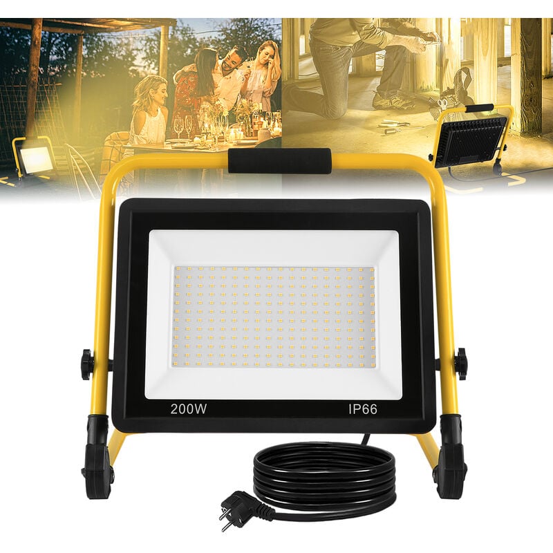 Projecteur led 200W Blanc Chaud Eclairage Extérieur led avec cordon d'alimentation Lumières d'inondation étanche IP66 pour garage, jardin, chantier