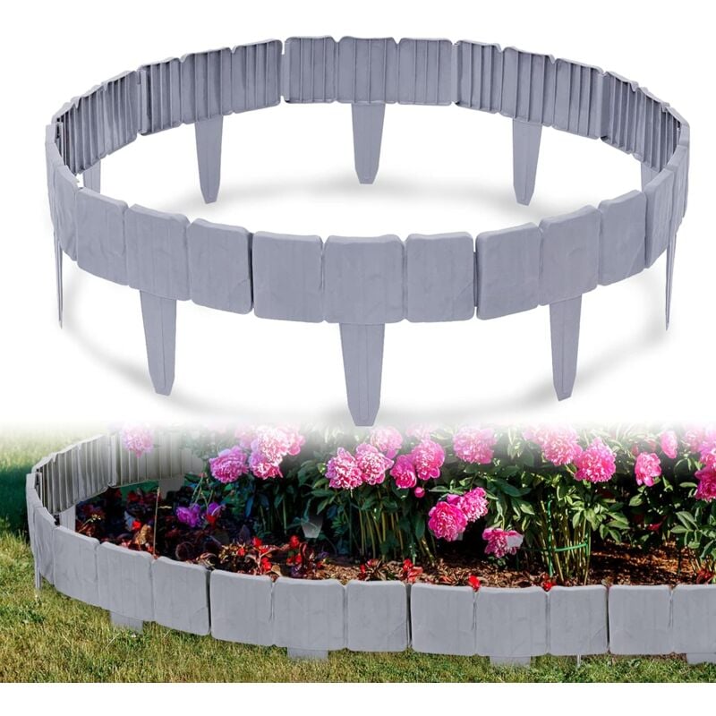 10Pcs Rasenkante Kunstoff 2.5m Beeteinfassung Steinoptik Palisade Beetumrandung Maehkante Gartenzaun fuer Garten Border Blumenbeet, LxH 25x23cm, Grau