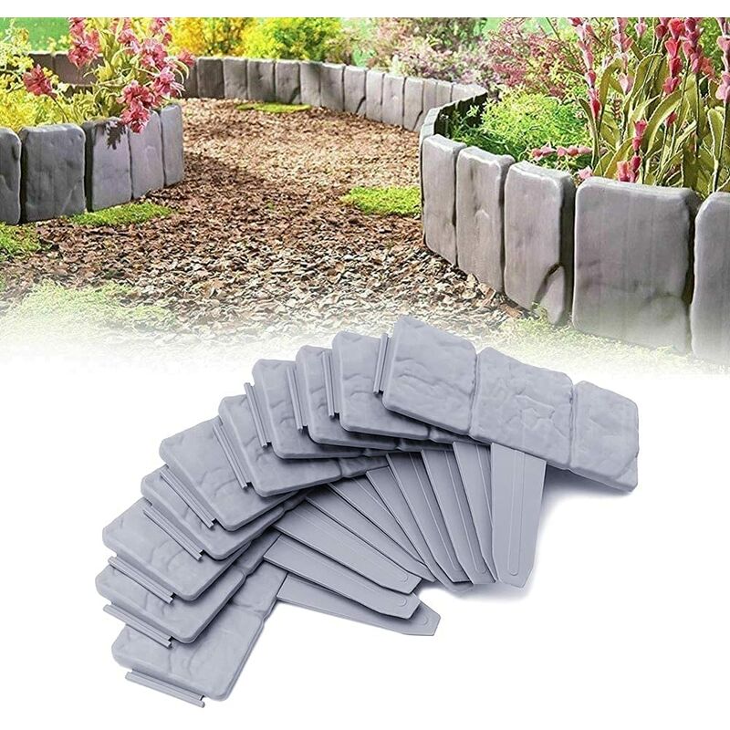 Uisebrt - 30Pcs Rasenkante Kunstoff 7.5m Beeteinfassung Steinoptik Palisade Beetumrandung Maehkante Gartenzaun fuer Garten Border Blumenbeet, LxH