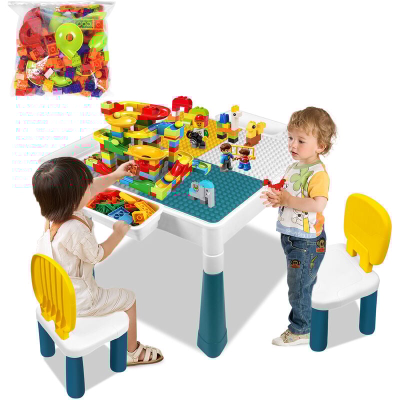 Table pour enfants avec 2 chaises Table de jeu avec 163 pièces de briques Table d'activité multifonctionnelle Set de chaises pour enfants Table de