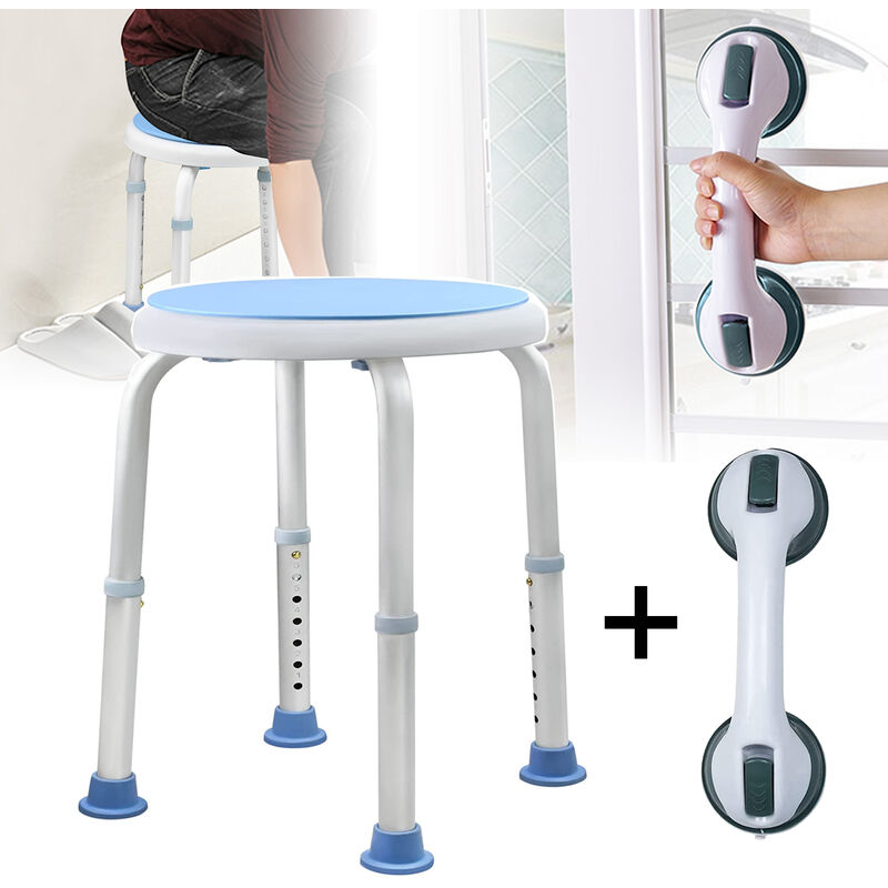UISEBRT Tabouret de douche réglable en hauteur avec forte Ventouse support Poignée pour salle de bain douche, (chaise + poignée de maintien, B)