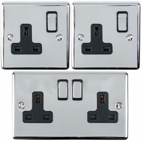 UK Plug Socket Pack -1x Twin & 2x Single Gang- CHROME / Black 13A Switched