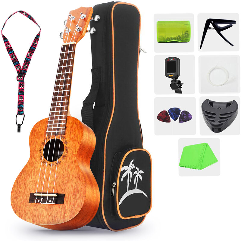 

Ukelele soprano de 21 pulgadas Ukelele Madera de caoba con bolsa de transporte Uke Correa Cuerdas Sintonizador de clip Pano de limpieza Dedo Maraca