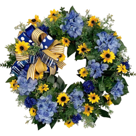 Ukrainischer Türkranz mit blauen und gelben Sonnenblumen, Frühlingsdekoration für die Veranda eines Bauernhauses