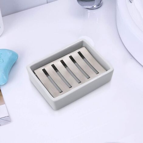 Ulable SUS304 Stainless Steel Ceramic Soap Dish for Bathroom, Double Layer, Self-Draining Soap Dish, Say No to Fluffy Soap, Easy Cleaning (White)