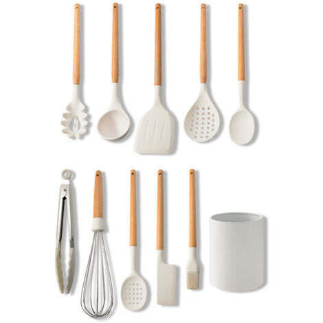 Ulisem 10 Pièces Kit Ustensiles de Cuisine, Set de Couverts de Cuisine, Poignée en Bois, Résistant à la Chaleur, Sains et Antiadhésifs, Passent au Lave-Vaisselle(Blanc)