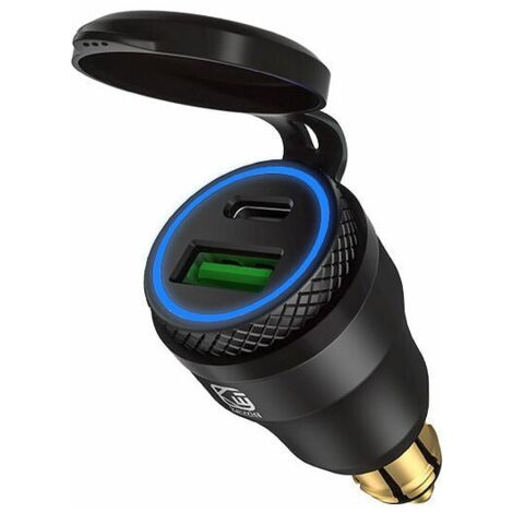 Ulisem Adaptador USB para encendedor de cigarrillos para motocicleta, enchufe USB dual de 12 V PD 3.0 y QC 3.0 para motocicleta BMW, (carcasa negra azul claro)