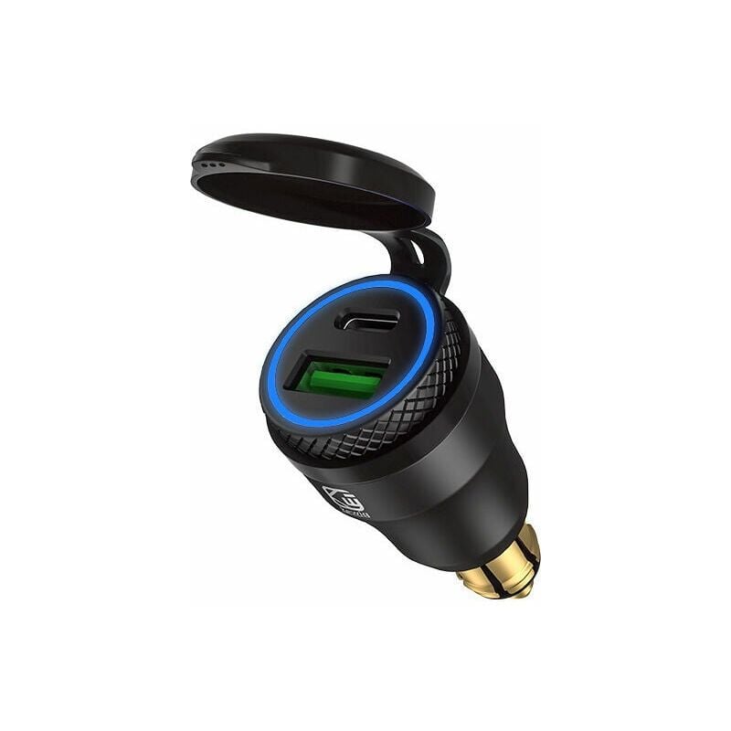 Image of Ulisem Adattatore accendisigari USB per moto Doppia presa USB 12V PD 3.0 e QC 3.0 per moto BMW, （Guscio nero azzurro)