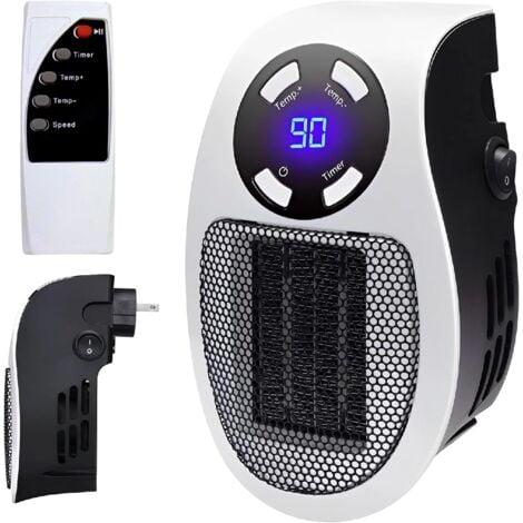 Ulisem Chauffage Enfichable 500W,Mini Chauffe-Air Électrique Socket, Chauffage D'espace Mural avec Télécommande, Radiateur Électrique Soufflant 500W avec 2 Vitesses D'air, Thermostat, Timer
