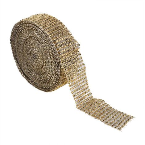 Ulisem Element décoratif de jardin, Ruban en maille à 4 rangées de strass en acrylique diamantés, 3.5 cm x 9,1 m, doré