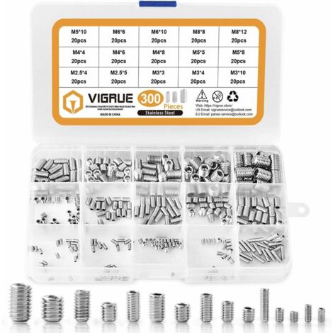 Ulisem Kit 300PCS M2.5 M3 M4 M5 M6 M8 Vis Sans Tête Hexagonale,Set assortiment Kit de Acier Inoxydable Douille Hexagonale