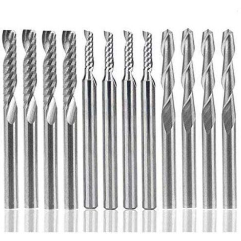 Ulisem Lot de 12 fraises en carbure de tungstène, 4 fraises CNC 1/8" à double cannelure + 8 fraises en bout à bord unique (2 types) pour nylon, résine, ABS, acrylique, PVC, MDF, bois