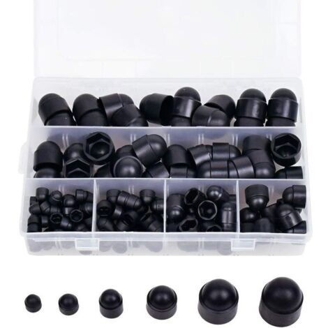 Ulisem Lot de 145 cache-écrous hexagonaux en caoutchouc, cache-boulons, capuchons à vis, kits d'écrous en plastique avec boîte de rangement, 145 pièces noires M4 M5 M6 M8 M10 M12