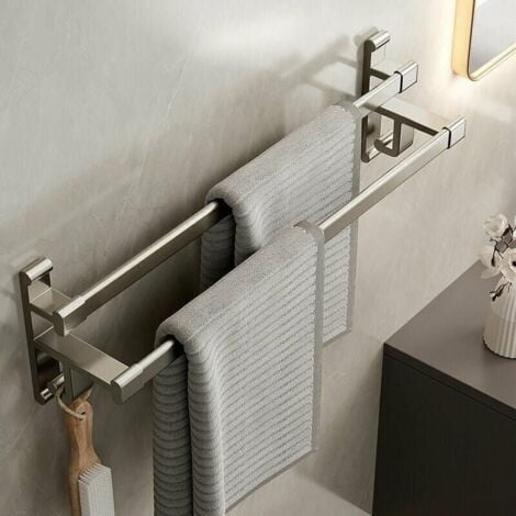 Ulisem Portasciugamani da bagno senza fori Portasciugamani a doppio braccio Portasciugamani da bagno in alluminio a doppio spazio Portasciugamani autoadesivo Grigio metallizzato