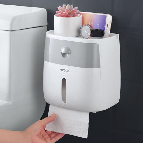 Ulisem Porte Rouleau Papier Toilette Adhésif Support Papier WC avec Tablette Mural San Percage Derouleur Papier Hygienique Distributeur Mouchoirs Voiture avec Tiroir et Étagère Salle Bains Blanc Gris—