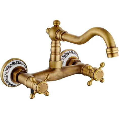 Ulisem Robinet mitigeur de cuisine mural antique en bronze vintage, rotatif à 360°, double commande, fleur de prunier (antique)
