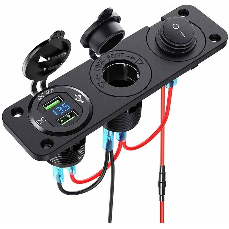 Image of Ulisem - Splitter Accendisigari 12 v - 24 v Doppio QC3.0 con Display led Voltmetro, Presa usb, Interruttore Impermeabile - per Auto, Barca, Moto,