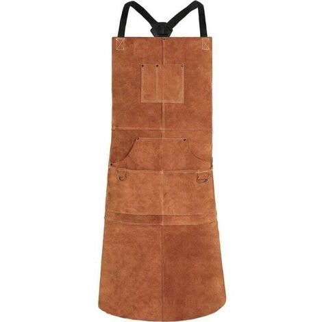Ulisem Tablier de soudage, tablier de travail en cuir de vachette avec 6 poches, tablier de cuisine multifonctionnel 24" x 36", bretelles réglables de M à XXL pour hommes et femmes, marron