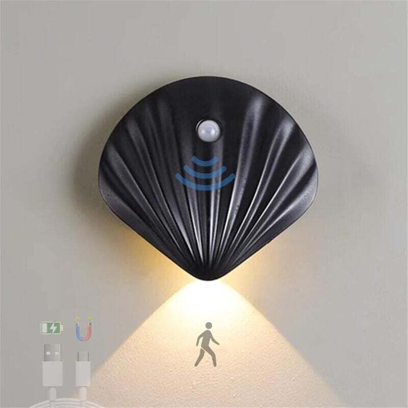 Applique murale à induction en forme de coque 6000 k avec détecteur de mouvement 1200 mAh avec capteur de corps rechargeable par usb, 3 modes