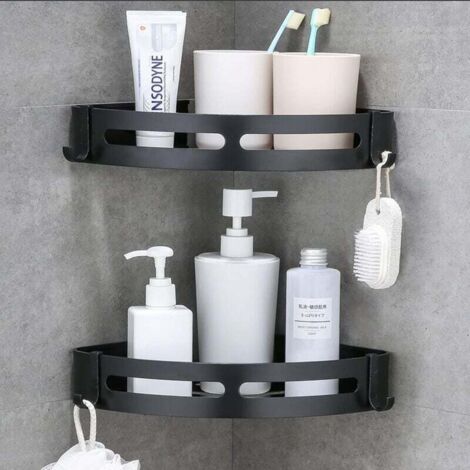 UlisemBathroom Mensole angolari per doccia con ganci, senza foratura, in alluminio, per bagno, cucina (nero)