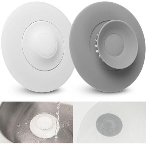 UlisemBouchon d'Écoulement Universel, 4 Unités, Ø 10 cm, Blanc + Gris, Silicone, Filtre Intégré pour Restes de Nourriture et Cheveux, Drains jusqu'à Ø 80 mm pour Évier, Lavabo, Baignoire, Filtres de V