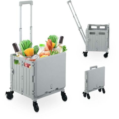 UlisemChariot de courses pliable, panier à roulettes pivotantes, couvercle et poignée télescopique, jusqu'à 35 kg, caisse à roulettes, gris