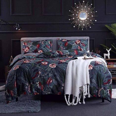 UlisemCopripiumino 200x200 Blu Notte - Set di biancheria da letto con motivo floreale rosa e chiusura con cerniera - Biancheria da letto reversibile per 2 adulti con 2 federe 50x75 cm