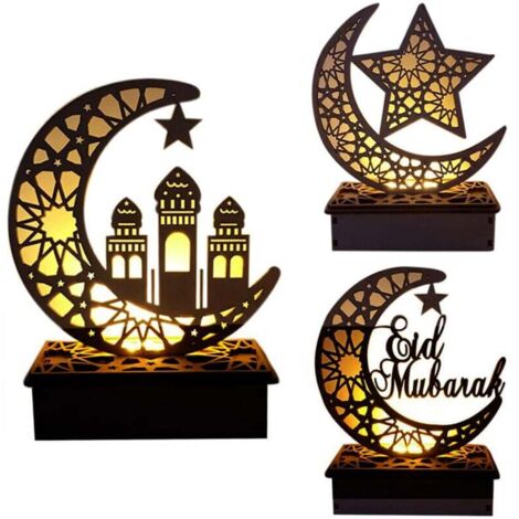 UlisemDécoration en bois islamique Eid al-Fitr Ramadan Eid al-Adha Lune Creuse Étoile à Cinq Branches avec Lumière LED Ornements Artisanat Sans Piles