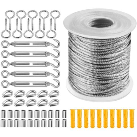UlisemKit de câbles en acier inoxydable 50 m, câble de 2 mm, treillis en acier gainé PVC, câble en acier avec œillets, tendeur de câble M5, tendeur en acier inoxydable pour étendoir à linge.