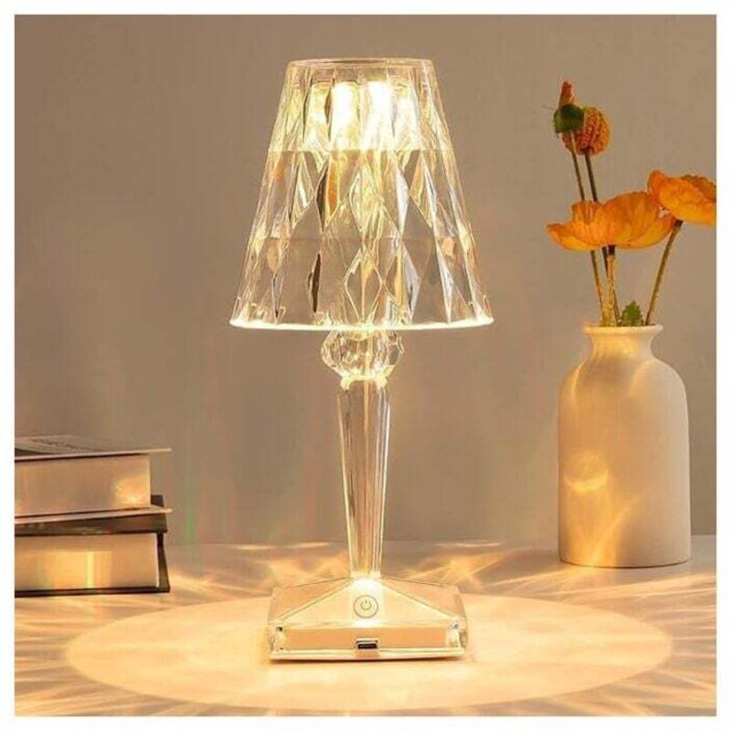 UlisemLampe de table LED en cristal, lampe de table en cristal diamant, 3 changements de couleur, commande tactile, avec câble USB