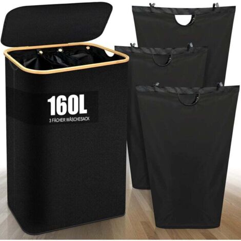 UlisemPanier à linge avec couvercle, 3 compartiments, XXL, avec sac à linge amovible, pliable, pour linge sale, avec poignée en bambou, pour chambre à coucher, buanderie, noir