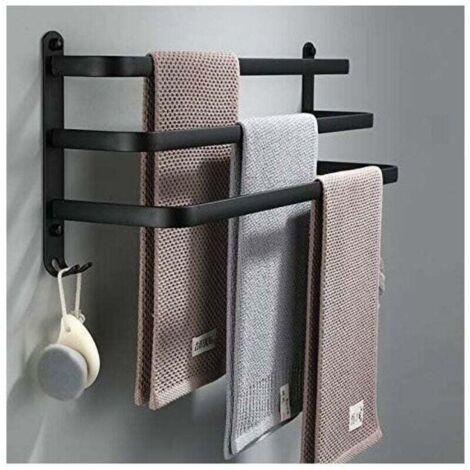 UlisemPorte Serviettes Salle de Bains Noir - Barres Porte Serviettes Adhesif Mural - Étanche avec Crochet(50cm, Three Bars)