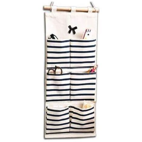 UlisemSac de rangement suspendu à rayures, panier de rangement, pochette de rangement, sac organisateur mural en tissu, bleu