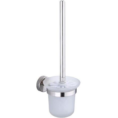 UlisemSpazzolone e porta scopino per WC, set di scopino per WC da bagno con manico in acciaio inossidabile e ciotola in vetro temperato, montaggio a parete autoincollante, argento