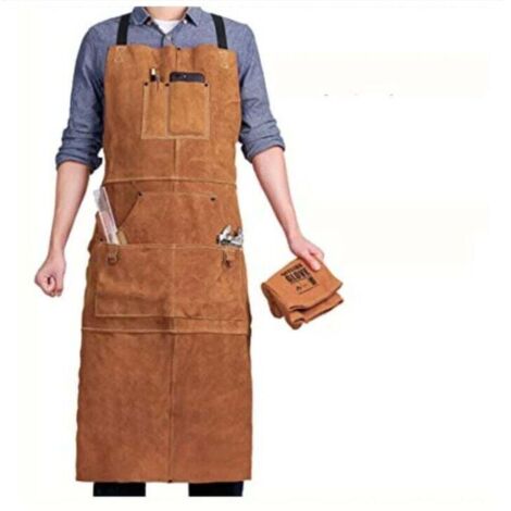 UlisemTablier de Soudeur avec 6 Poches, Tablier de Travail en Cuir Anti-Chaleur Ignifuge, Tablier de Menuisier pour Homme Réglable de M à XXXL, Parfait pour Forgeron, Mecanicien, Atelier NPTERBL