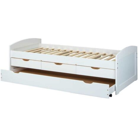Ulli Lit simple 90x200 lit avec sommier à lattes, 3 petits et 1 grand tiroir/lit d'appoint, blanc.