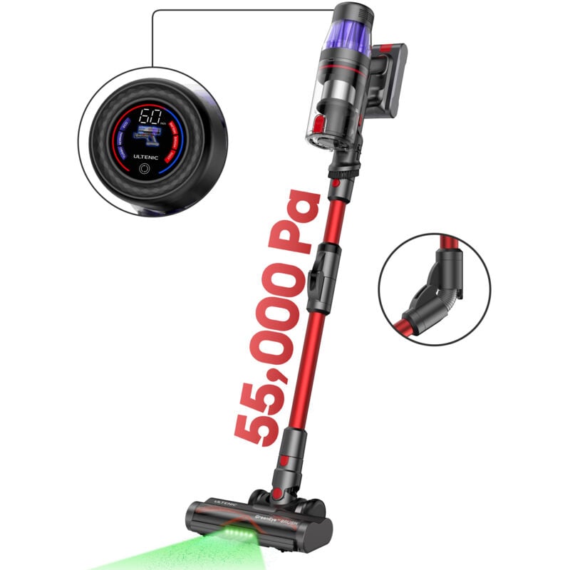 Ultenic U16F - Aspirateur Balai sans Fil - 550W - 45Kpa - Autonomie 60 min - brosse anti-emmêlement - Écran LED - Tube pliable - Noir et Rouge